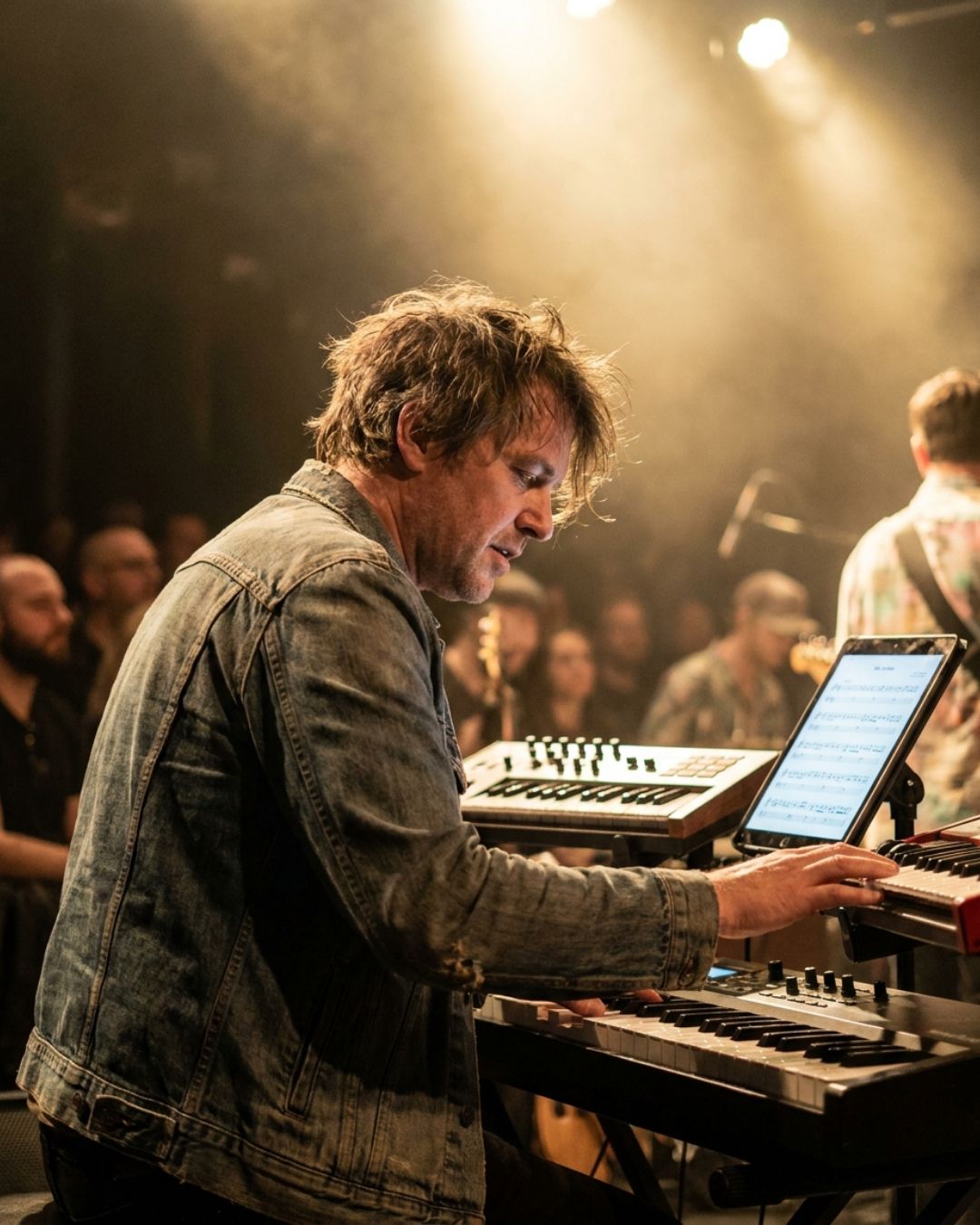 A keyboard player performing live with a tablet on a stand displaying sheet music, stage lighting behind him