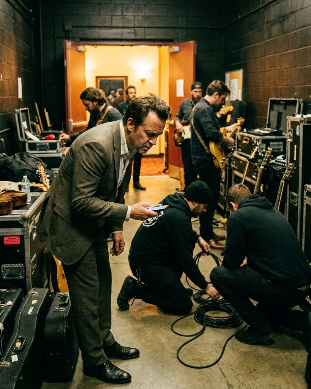 A bandleader checking details on a phone backstage before downbeat while musicians set up equipment behind him