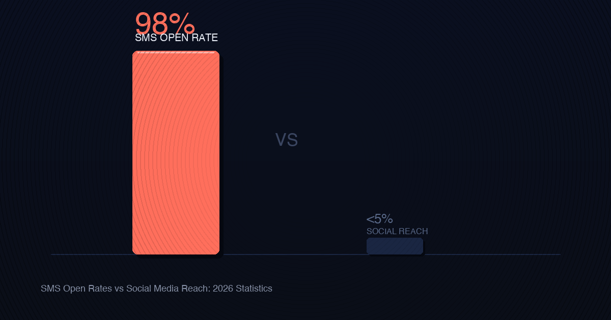 Two vertical bars side by side showing dramatic contrast between 98% SMS open rates and under 5% social reach.
