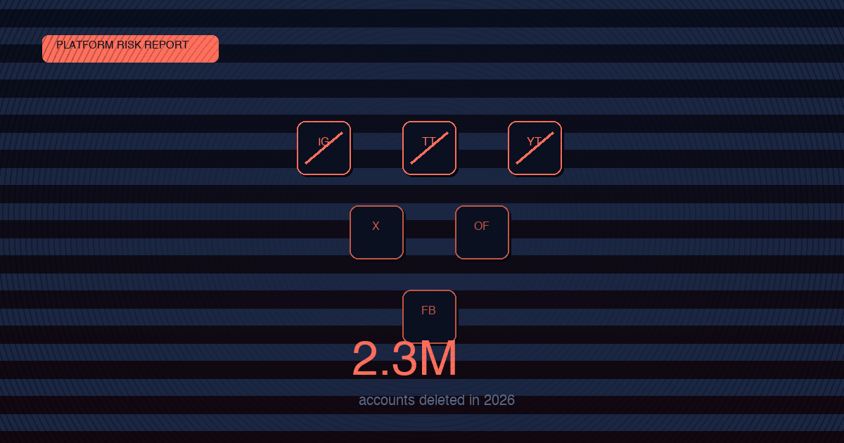 Dark dashboard visualization with warning indicators showing platform ban statistics and risk data for creators.