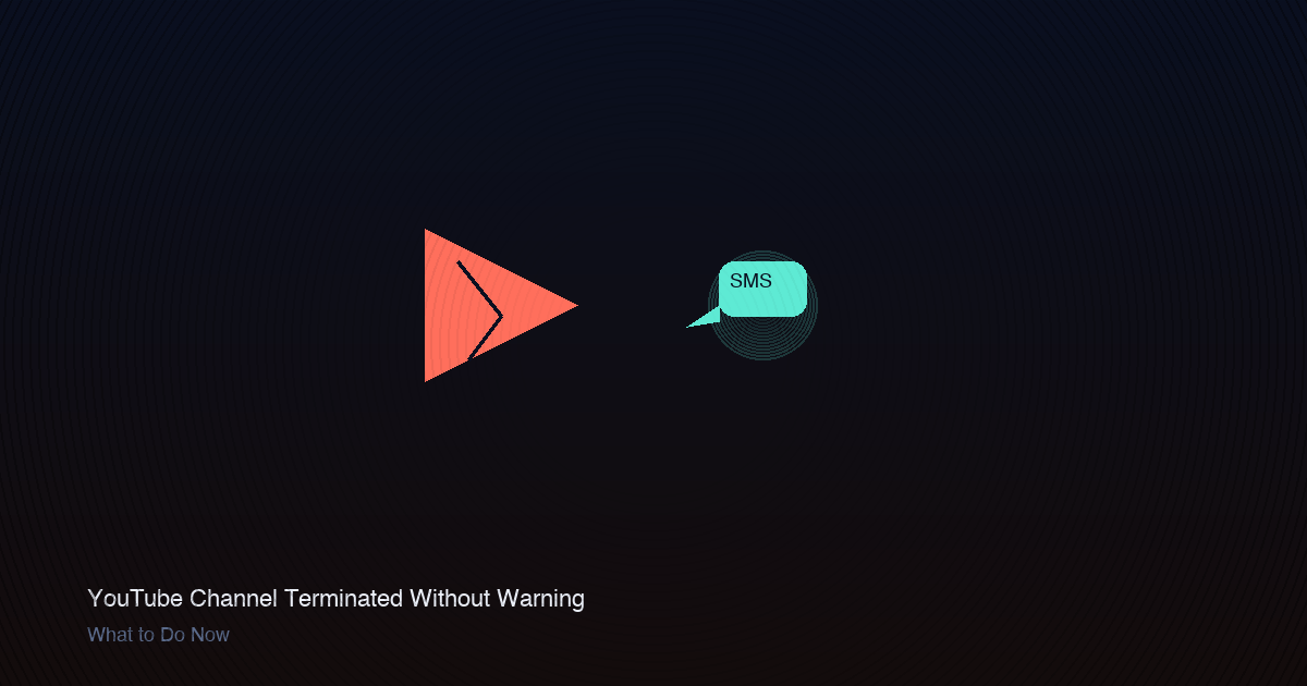Cracked YouTube play button on dark background with a bright SMS message bubble emerging from behind it.