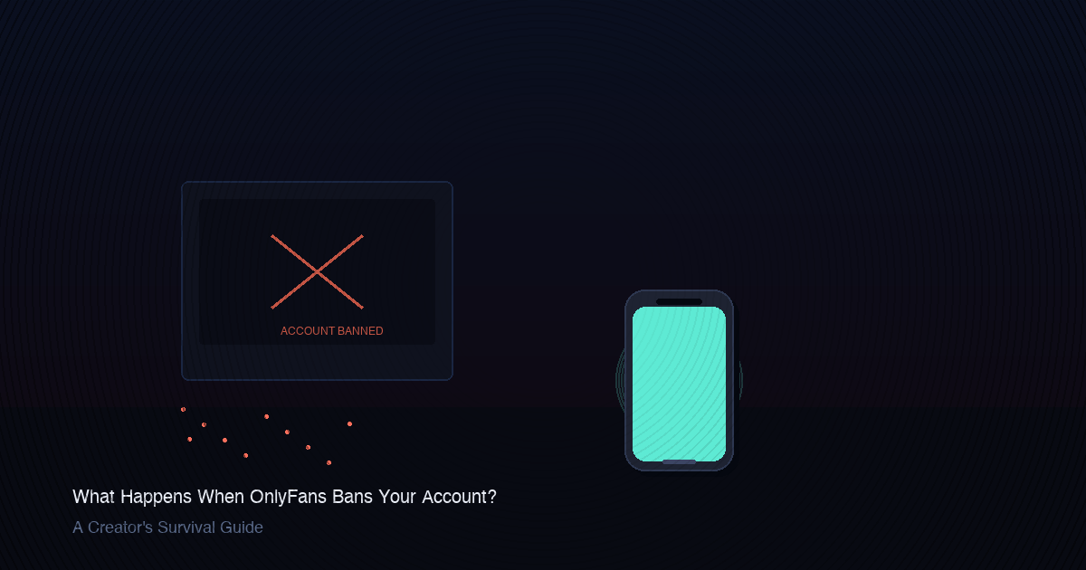 Dark creator desk with phone glowing with SMS notifications while a laptop shows a ban error screen.
