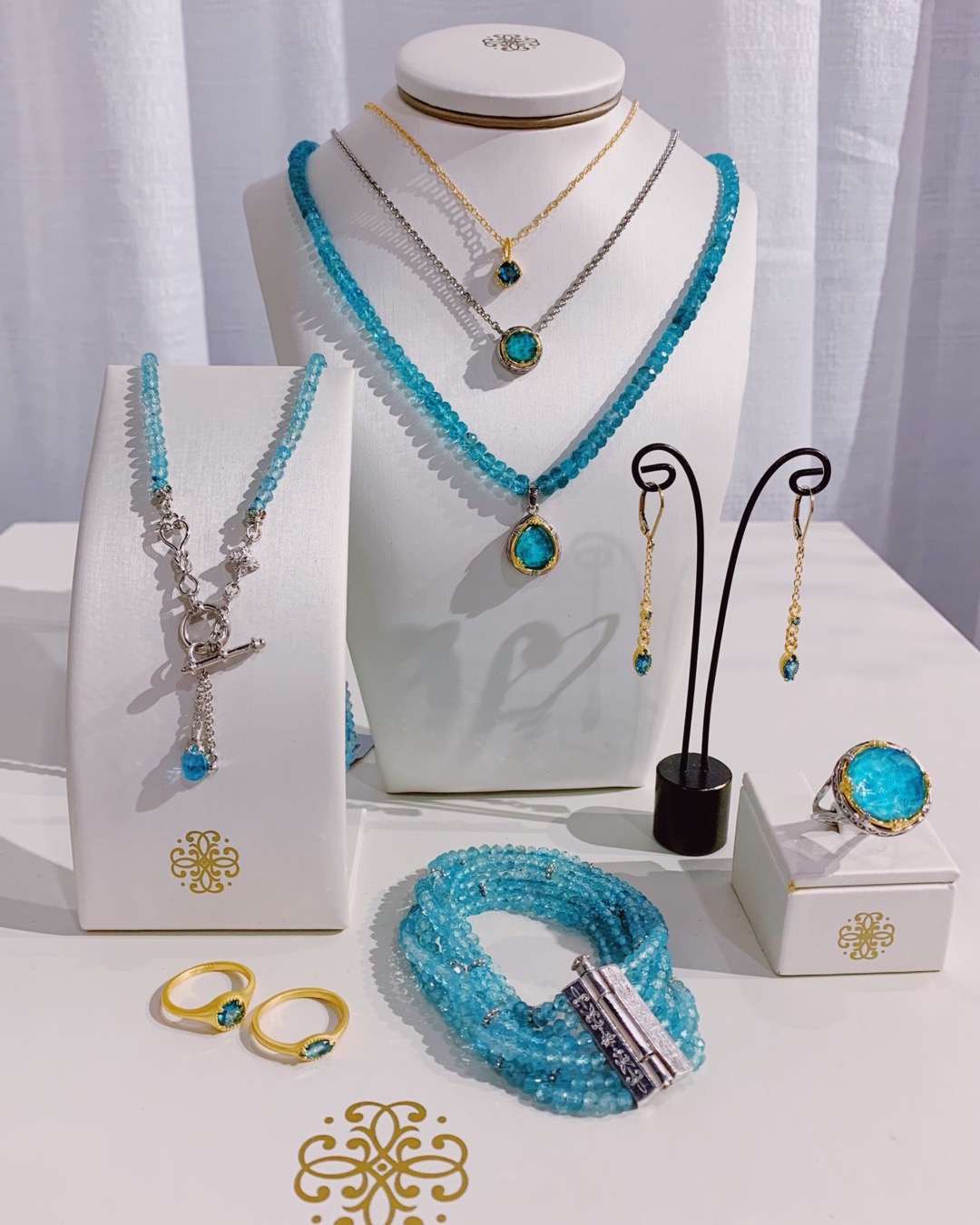Anatoli colored-gemstone jewelry in blue topaz, chrysocolla and apatite