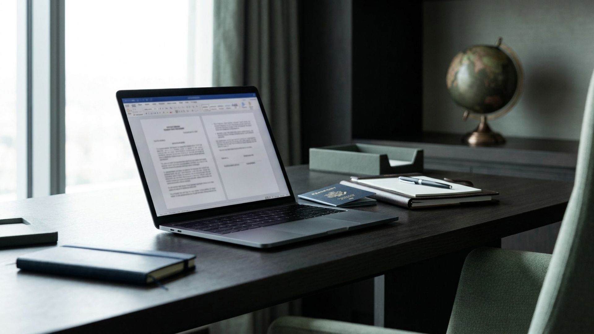 APVI editorial image: sophisticated professional workspace with corporate documents and a US passport, representing Saudi corporate immigration case work
