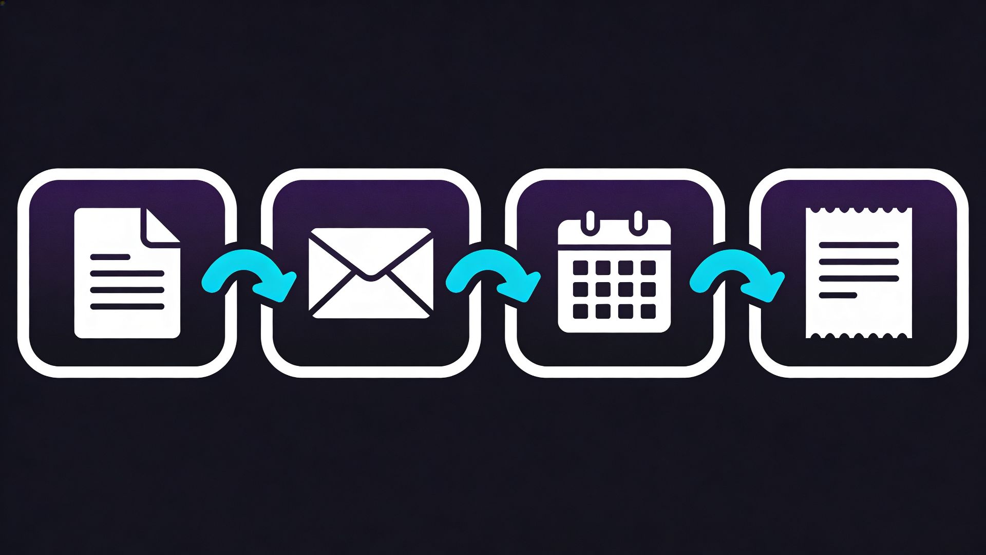 Automatisation no-code pour PME Montpellier — 4 cartes flat (document, email, calendrier, reçue) avec flèches cyan sur fond navy
