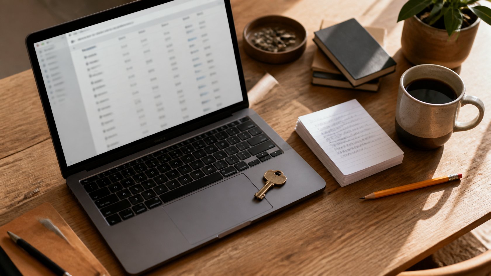 Business owner's desk in morning light with a laptop showing a blurred CRM table, a small brass key on the trackpad, index cards with handwritten notes, an orange pencil and coffee