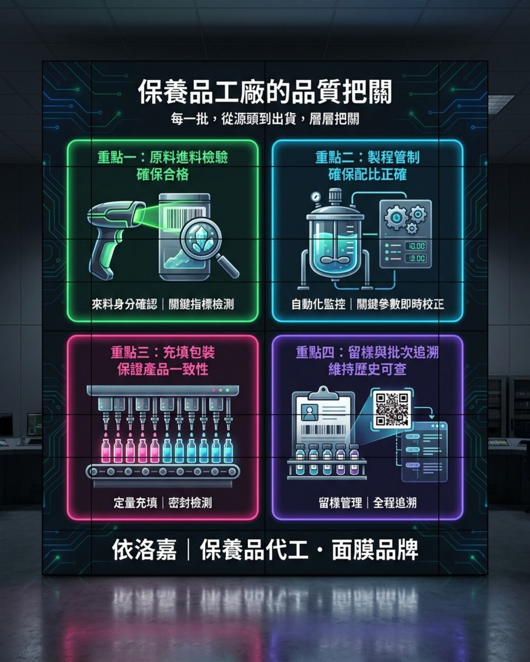 一瓶保養品出廠前要過的五站：進料、製程、充填、留樣