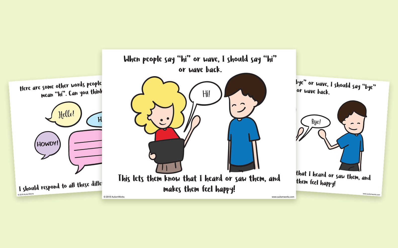 Pages from the Greeting and Responding social story: other ways to say hi, a girl waving back when a friend says hi, and a boy waving bye
