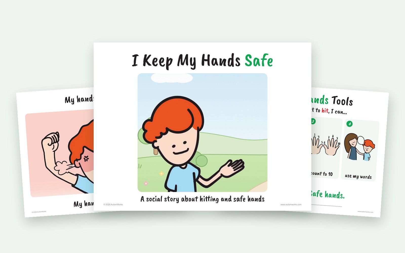 Pages from the I Keep My Hands Safe no hitting social story: the cover with Arnold, his hands wanting to hit, and the My Safe-Hands Tools poster