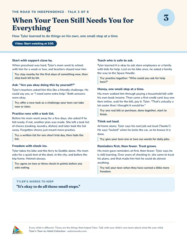 A printable one-page tip sheet from the program: When Your Teen Still Needs You for Everything