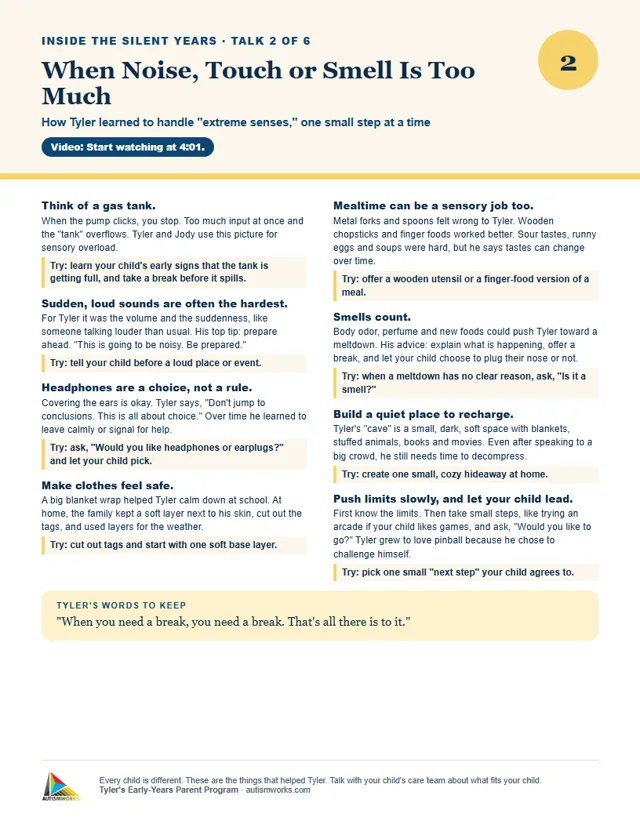 A printable one-page tip sheet from the program: When Noise, Touch or Smell Is Too Much