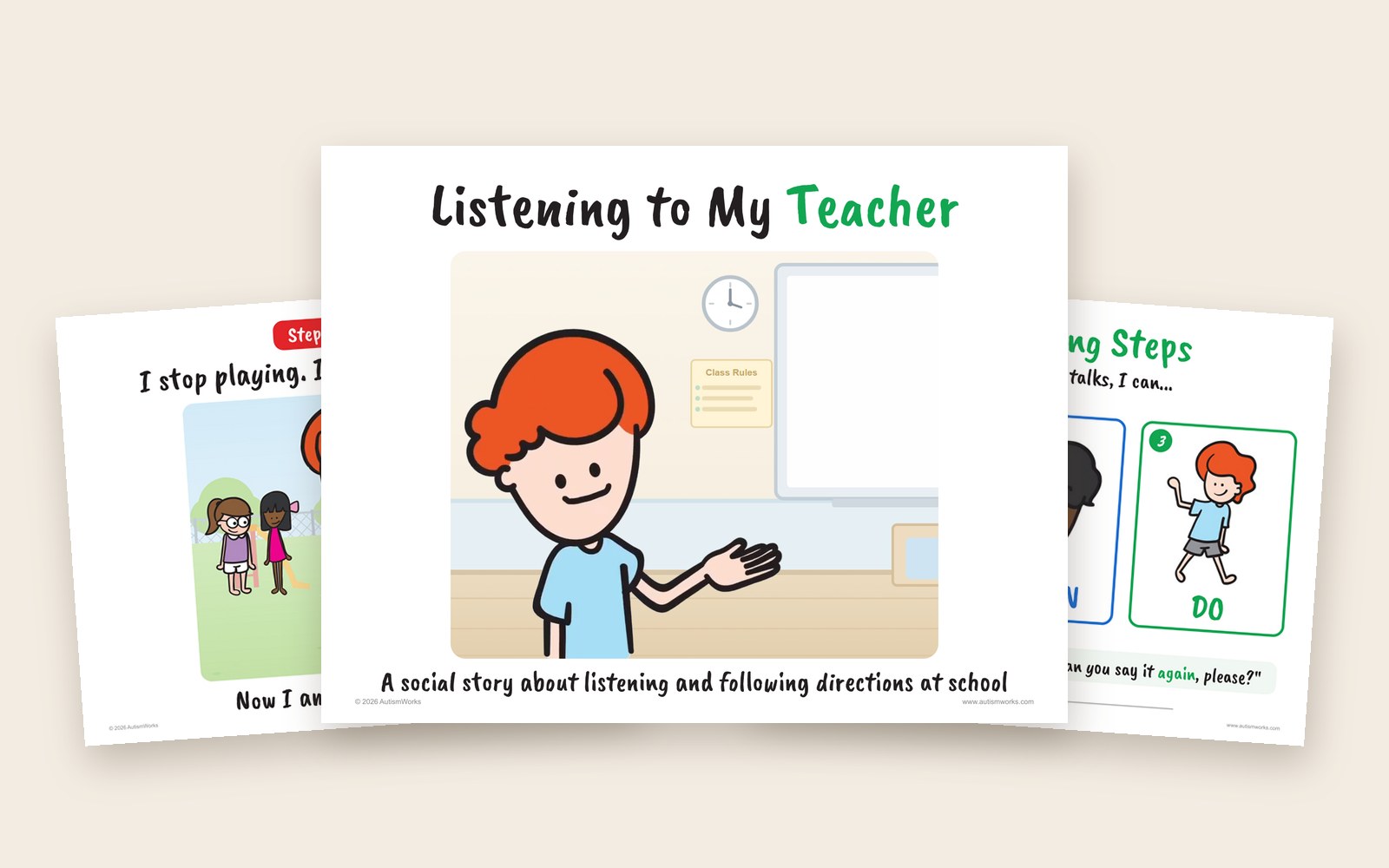Pages from the Listening to My Teacher social story: the cover with Arnold, Step 1 Stop, and the My Listening Steps poster