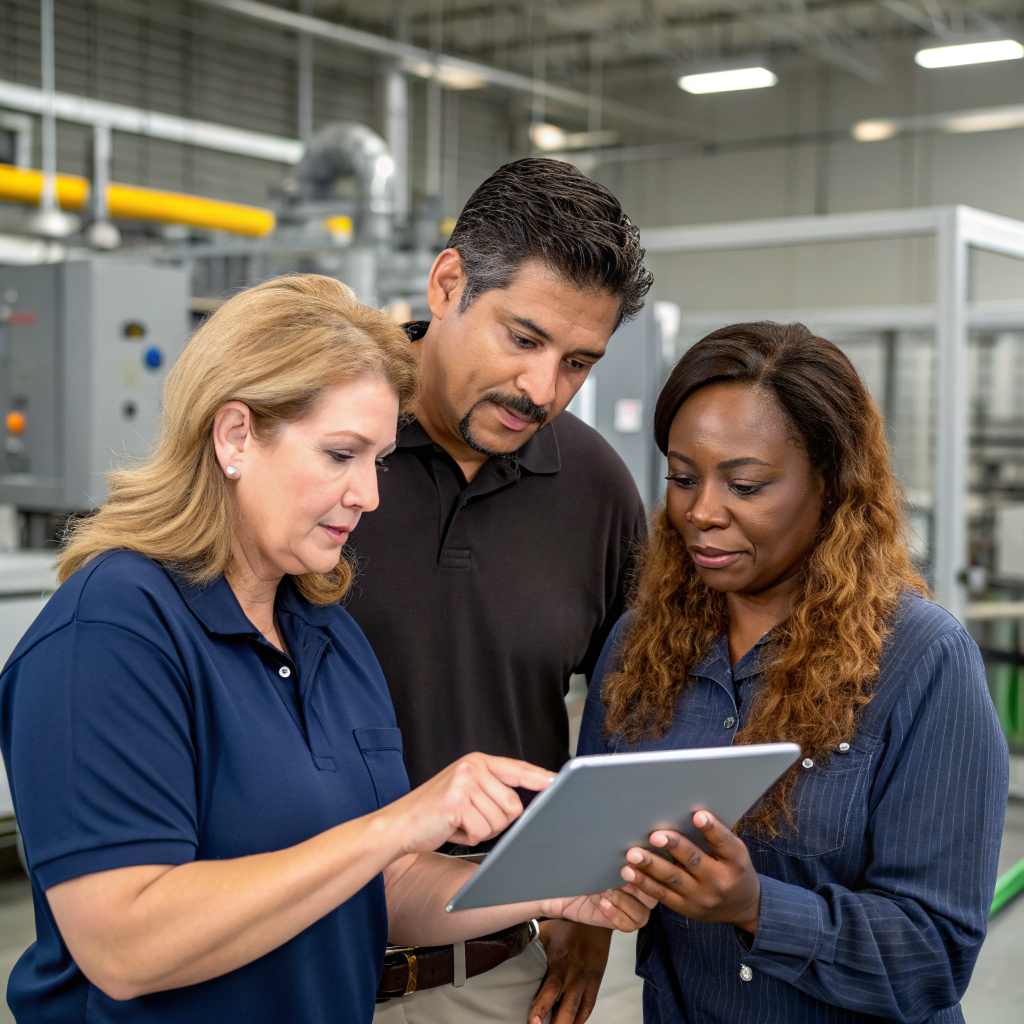 Three adults in workwear review a tablet in a manufacturing setting.