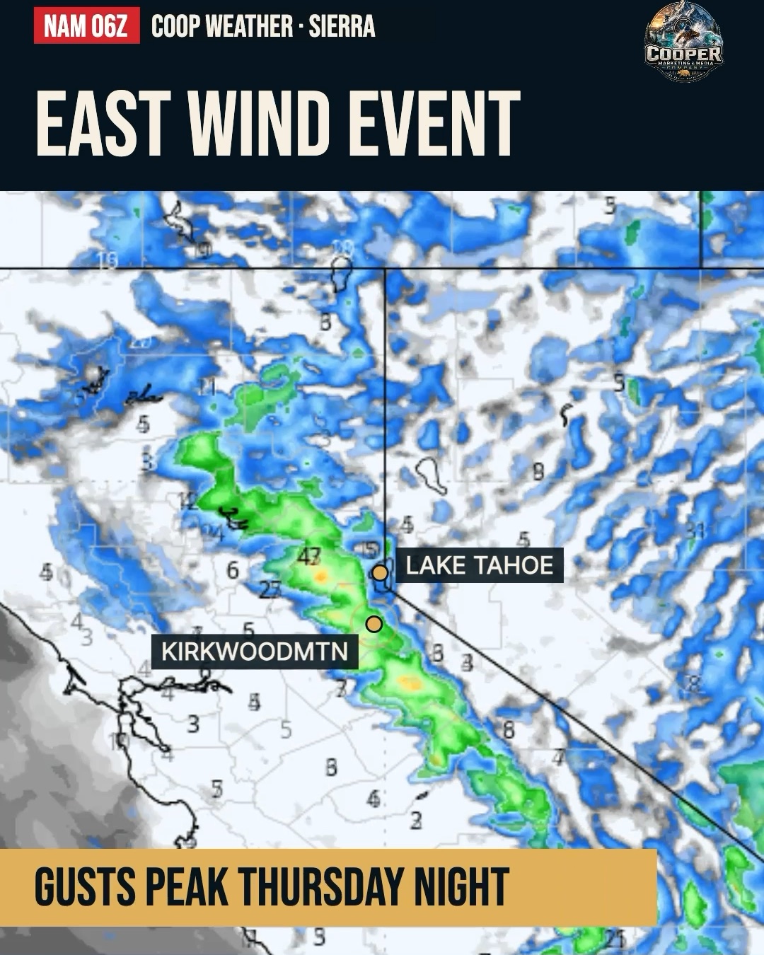 NAM model map of the Sierra titled East Wind Event, with Lake Tahoe and KirkwoodMtn marked, from Coop's October 14, 2026 weather Reel.