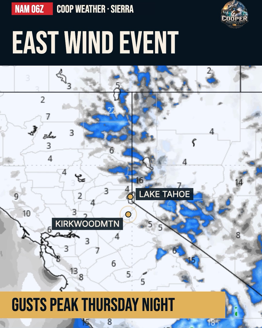 Opening frame of Coop's Thursday, October 15, 2026 Tahoe and Sierra weather Reel.