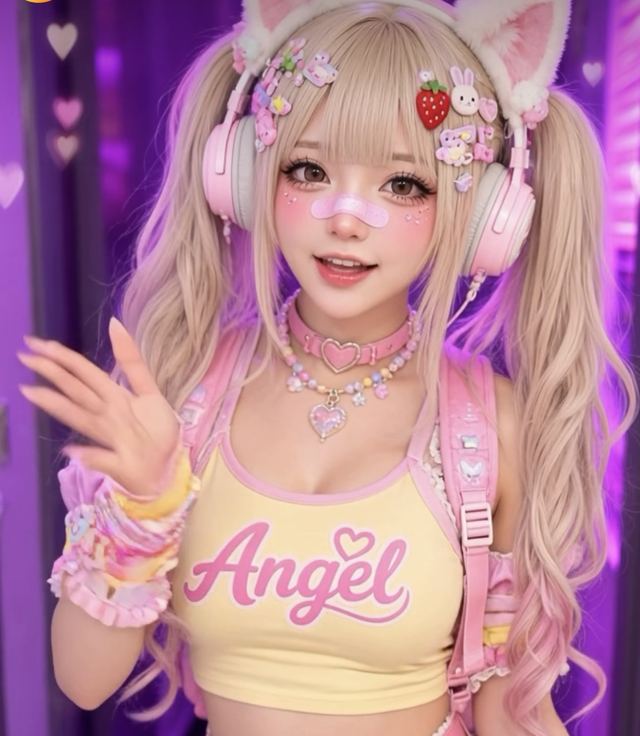Riri, an AI cosplay idol with ash-blonde twin tails and cat-ear headphones, in her purple heart bedroom